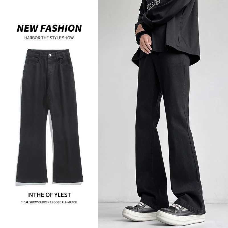 Autumn Vintage Straight Wide Legs BLACK Jeans Mens Streetwear Harajuku Washed Baggy Casual Flare Denim Trousers Y2K Male Pants J251030