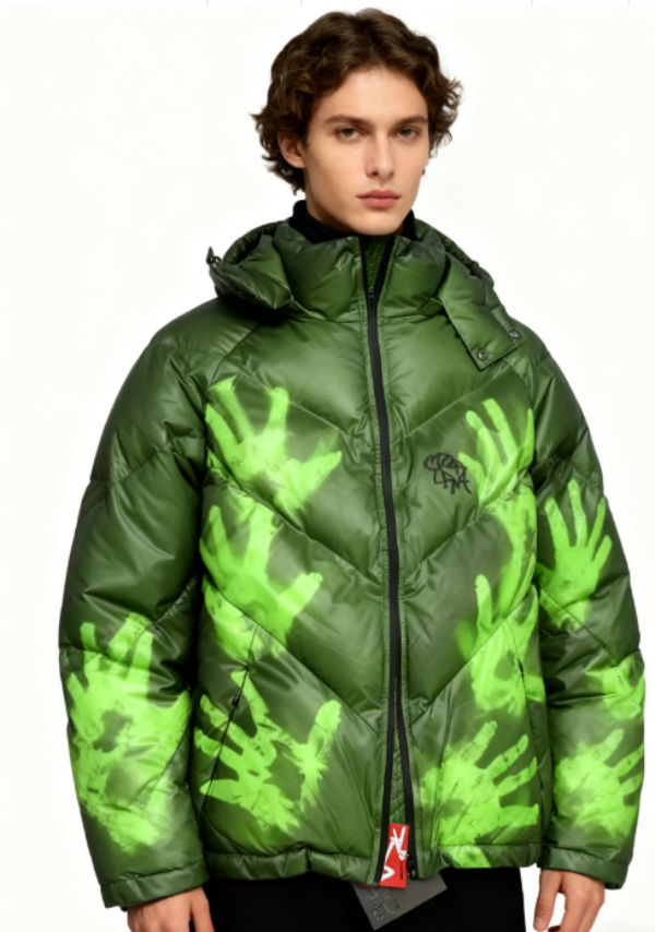 Green thickened patchwork embroidered warm down thermal sensing cotton jacket - suitable for both men and women, loose and fitted