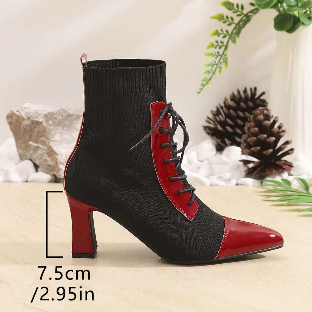 Black And Red Classic Combination Pointed Women's High Short Thick Heels With Adjustable Laces Comfortable Street Shoes Outdoor Boots