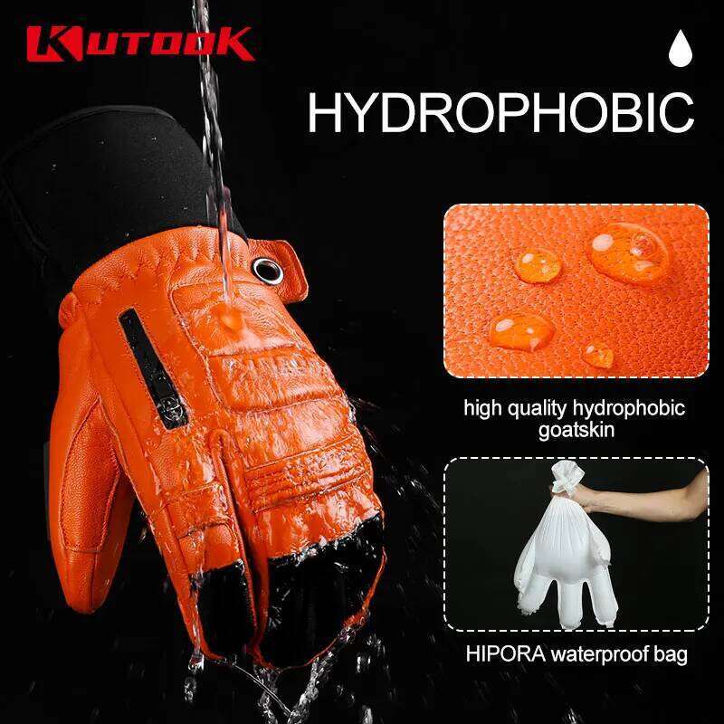 KUTOOK Winter Ski Goatskin Leather Mittens 3M Thinsulate Snowboard Thermal Warm Skiing Gloves Waterproof Men Women