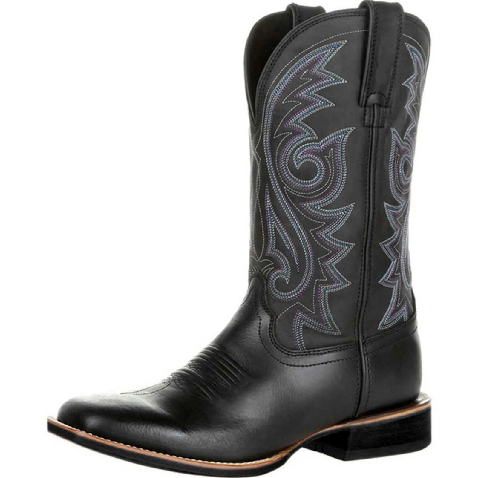 MenS Western Cowboy Boots Black Brown Pu Leather Boots Retro Men Rading Boots Man Embroidered MidCalf Motorcycle Boots Size 48 Z251029