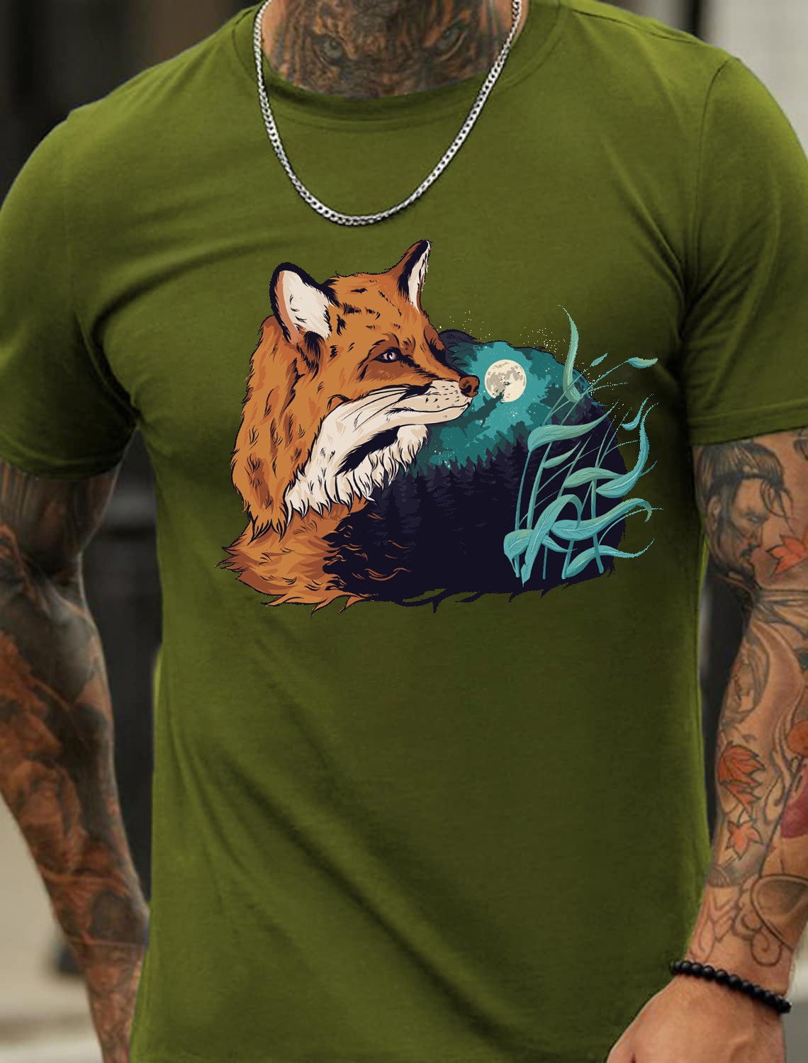 European and American Oversized Fox and Moonlight Print Men's Cotton Summer T-Shirt - TT7189