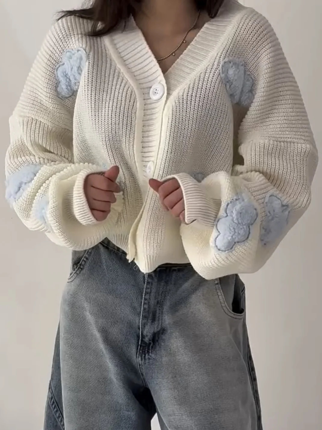 Harajuku Spliced Cardigan Knit Sweater Fashionable Casual Sweater Women American Y2k Cloud Embroidery Clothing Women 251029