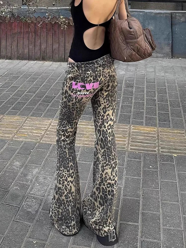 Womens Jean Leopard Print Low Rise Jeans American Retro Gyaru Coquette Y2k Japanese 2000s High Street Harajuku Goth 251029