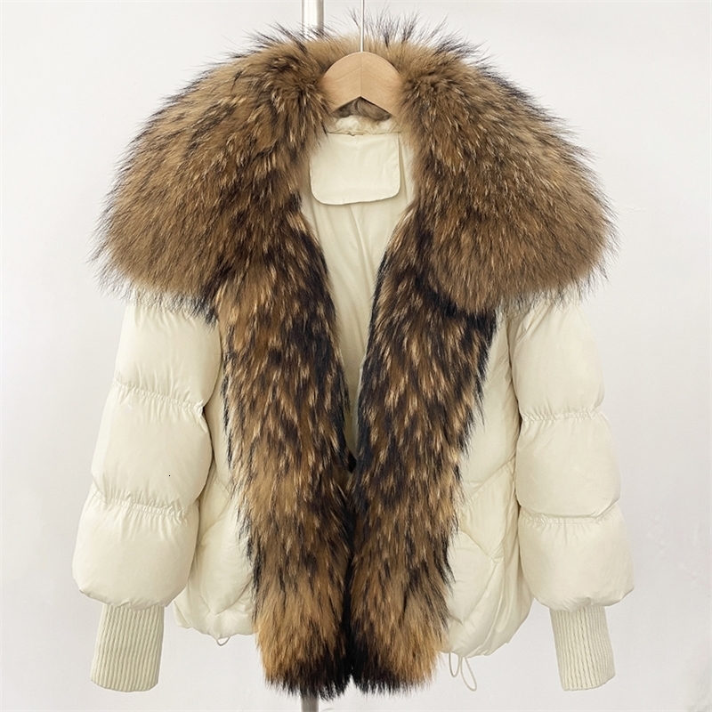 OFTBUY Winter Large Real Raccoon Fur Puffer Coat Women Oversized Feather Down Parka Knit Sleeve White Duck Down Jacket 251029