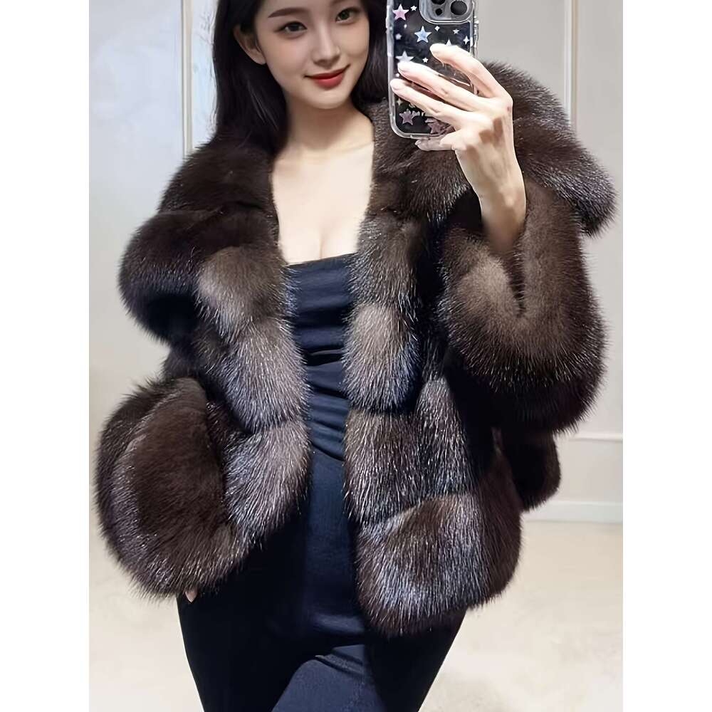 Women S Coat Like Fake Fur Coat Elegant Brown Loose H Silhouette Non Stretchy Outer Chic Cold Weather Jacket For Parties Formal Events Everyday Outfit