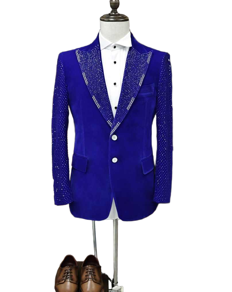Fashion Men's Suit 2 Pieces Blazer Pants Peak Lapel Shiny Crystal Beading Wedding Groom Party Prom Customized