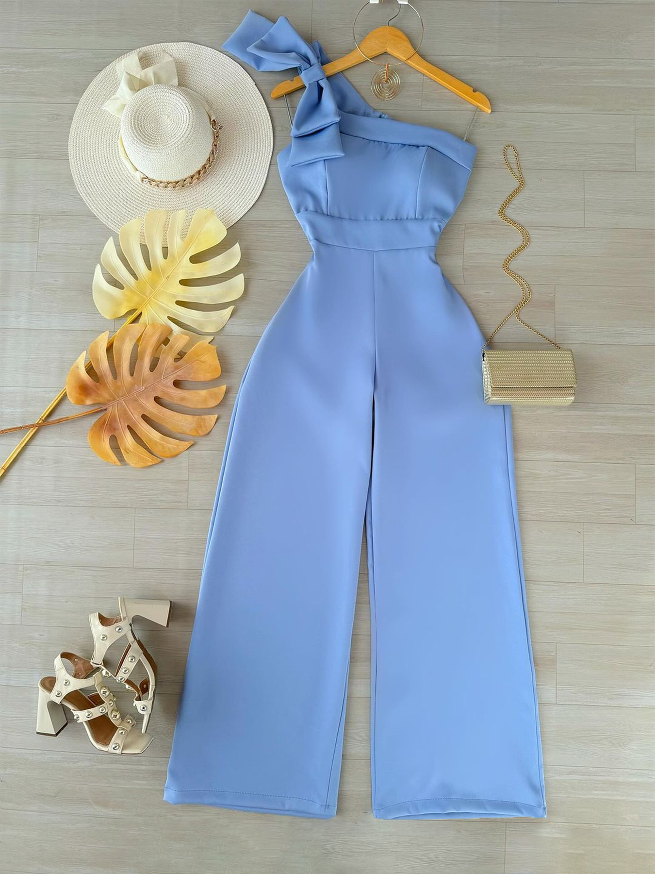 One Shoulder Womens Polyester Jumpsuit - Black/Bright Steel Blue with Comfortable Fit--1762