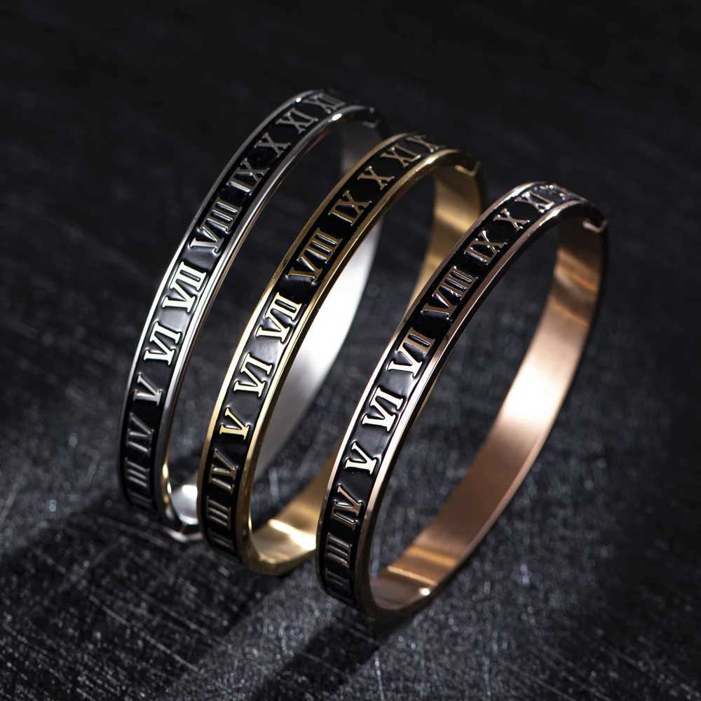 New Design Cuff Bangle StainlESS Steel Enamel Carving Roman Numeral Couple Roman Bangle For Men Women JewelryW251030