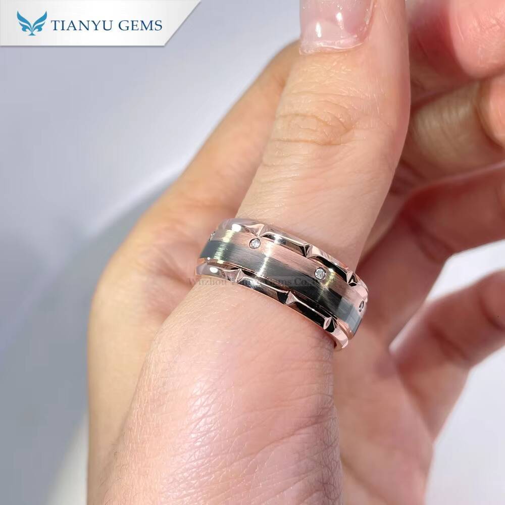 Tianyu Gems Rose and Black Gold Brushed Surface Treatment with Lab Diamonds Wide Band Men Ring