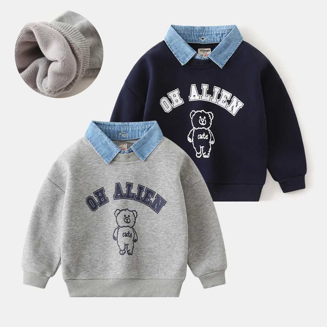 2025 New Style Kids Clothes Pullover Cotton Fake TwoPiece Sweatshirt 27Y Children Boys Girl Bear Print Casual Fleece Lined TopT251030