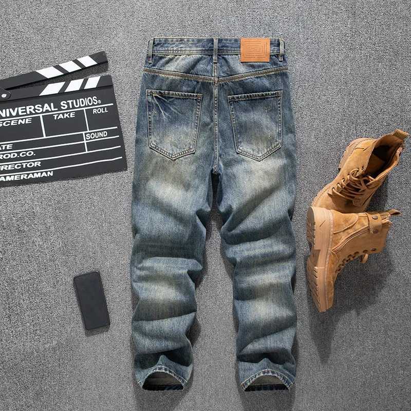 Spring and summer trendy loose straight tube retro jeans for men with ripped holes patch splicing and patchwork denim pants J251030