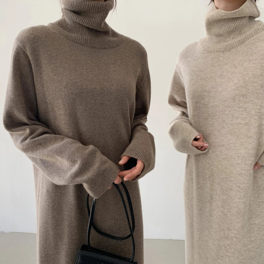 REALEFT Autumn Winter Elegant Turtleneck Loose Womens Knitted Long Dresses Sleeve Solid Straight Dress Female 251027