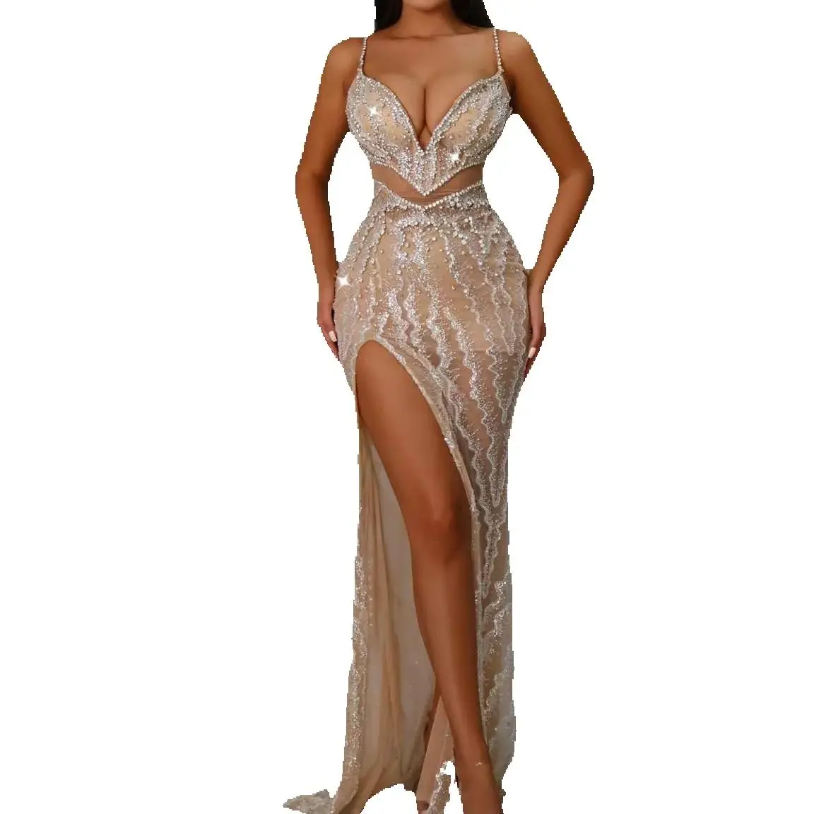 Shine Prom Gown Crystal V-Neck Evening Dress Beads Party Prom Dresses Sexy Slit Bridal Gowns Robes De Mariee Size Customized vestido de novia L252833