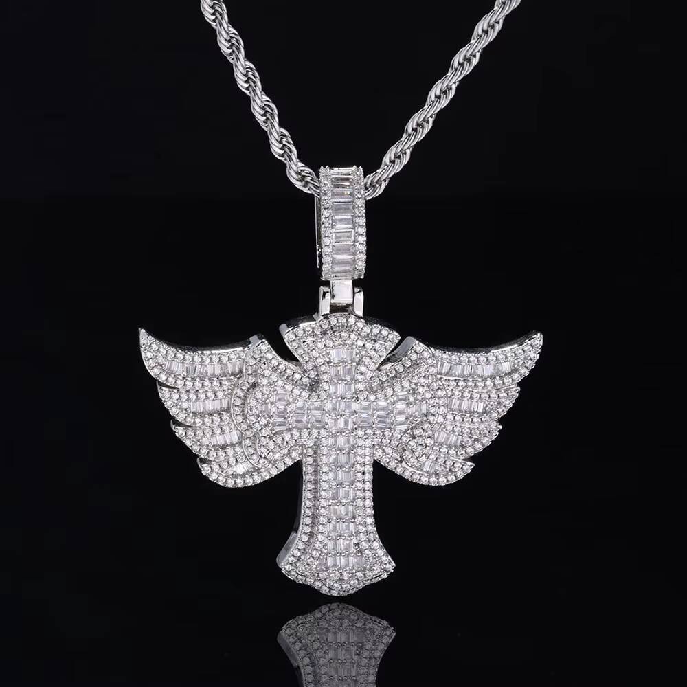 NUOYA Iced Out Full Diamond Cross Pendant Gold Silver Micro Pave Baguetter Angel Wings Cross Pendant for Hip Hop Men Women Designer's style