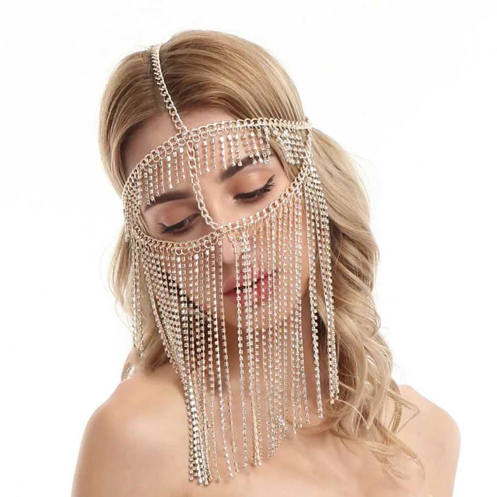 Indian Luxury Full Rhinestone Chain Fringe Bling Face Jewelry Women Prom Party Mask Chain Metal Headband Decoration Bridal VeilsW251029