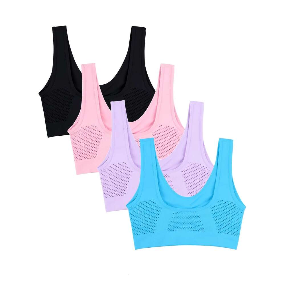 4pcs Women's High- Racerback Sports No Padding, Full-Coverage Back Panel & High Mesh-like Cutouts, Breathable Yoga Gym Running Bras Pink/Black//T