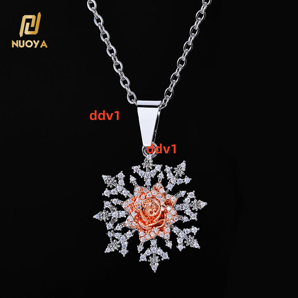 NUOYA Fashion Christmas Jewelry Sparkling Snowflake Pendant With Roses Flowers Full Diamond Pendant Necklace Jewelry Present Designer's style