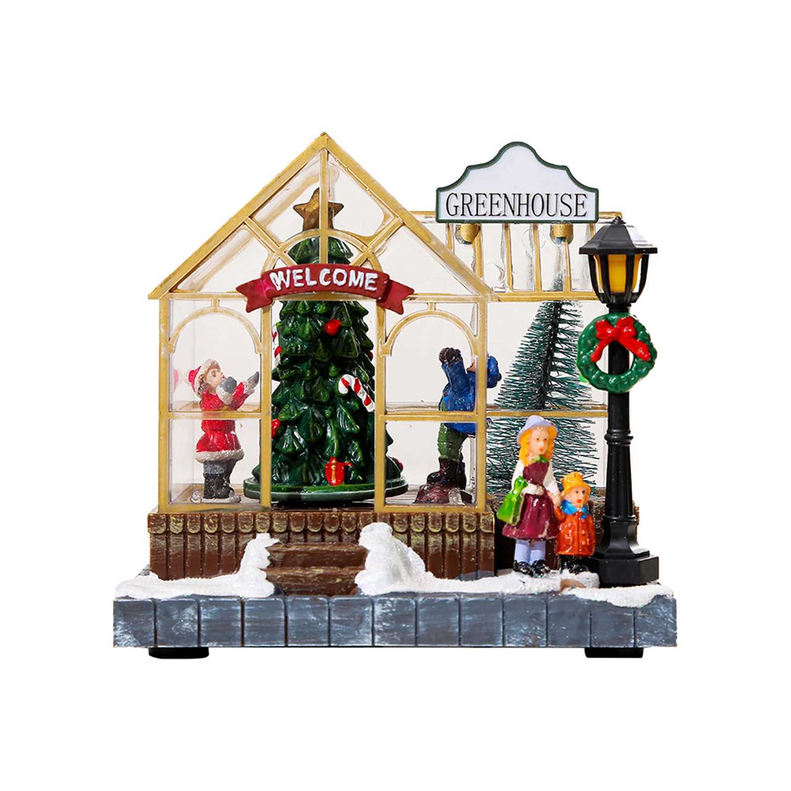 Christmas Village House Figurines Lighted Christmas Collectible Buildings Decoration with Music New Year Decor C251030