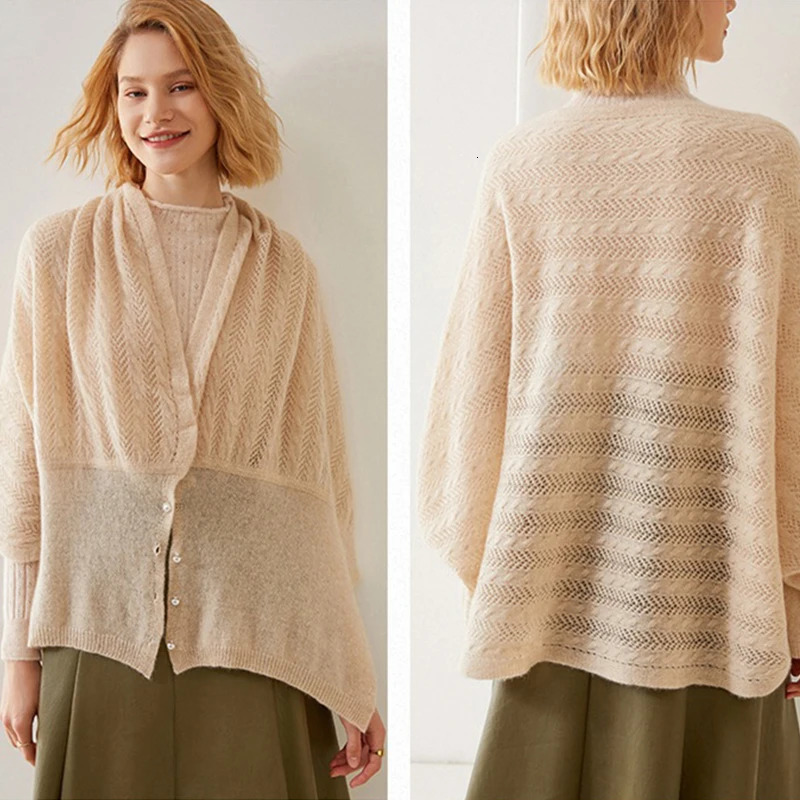 100 Pure Cashmere Shalws Scarf Women Soft Warm Cardigan Pushima Winter Autumn Pearl Decoration Cape DualPurpose Soft Knitwear 251029