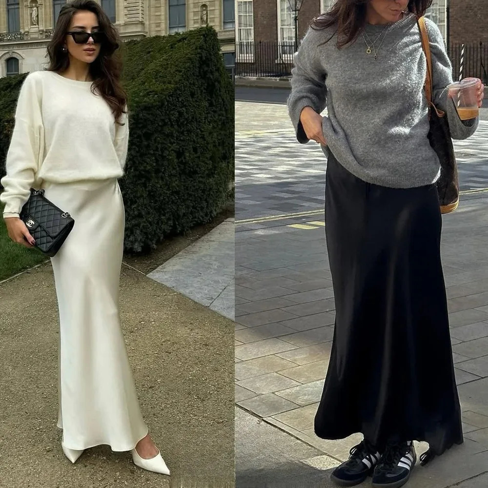 KONDALA Vintage Satin Solid Long Skirts Women High Waist Elastic Silky Skirts Fashion 2025 Spring Elegant Straight Skirts 251028
