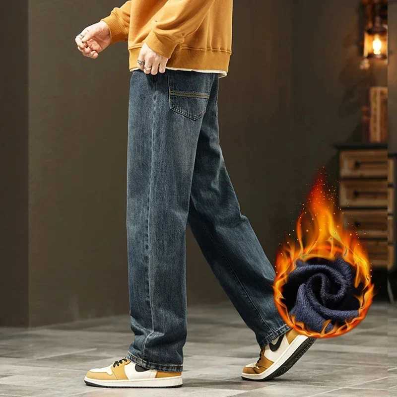 Thick Vintage Jeans Mens Winter Straight Warm Fleece Baggy Thermal Denim Trousers Fashion Korean Wide Male Plush Pants J251030