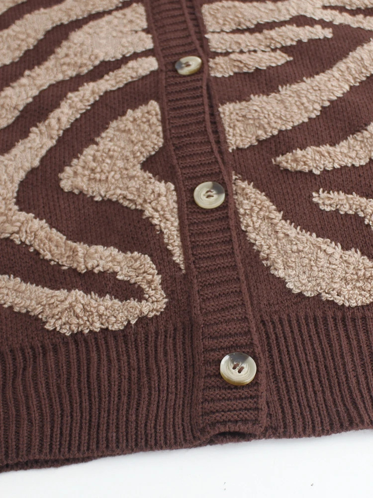 Zebra Stripes Long Sleeved Knitted Cardigan Women Autumn Winter Thick acquard Sweater Contrasting Color Soft Warm Jackets 251028