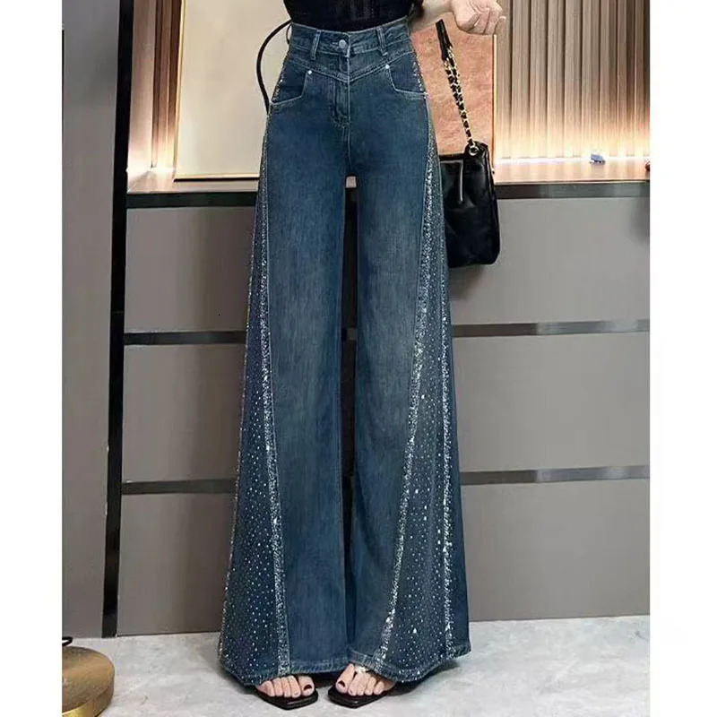 Diamond Wide Leg Flared Jeans Womens SpringSummer Fashion Spice s Loose Washed Blue Straight Leg Pants 251029