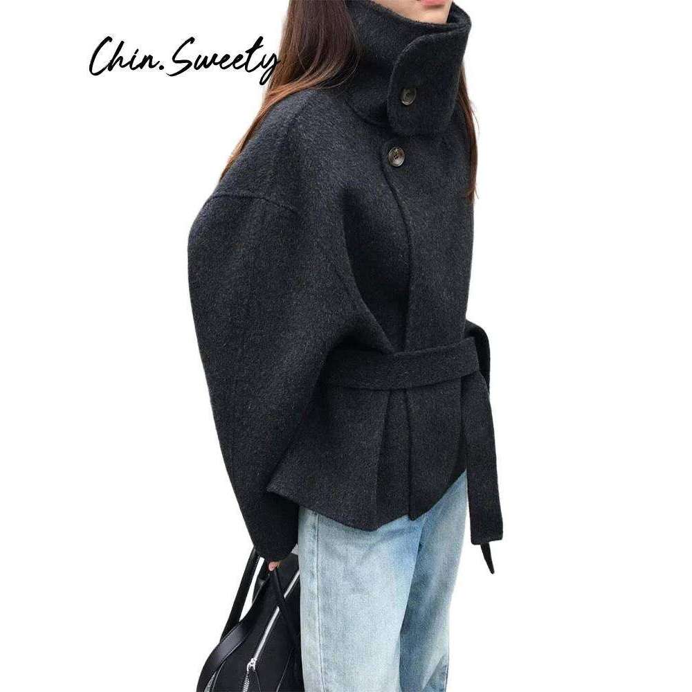 Urban Woolen Belt Women Coat Casual Long Sleeve Button Patchwork Female Jacket 2025 Autumn Winter Fashion Lady Streetwear