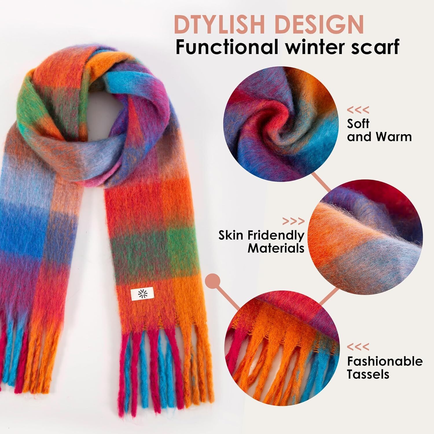 Custom Womens Winter Scarf, Cashmere Feel Tassel Fashion Scarfs Colorful Plaid Long Shawl Large Scarves Christmas gifts