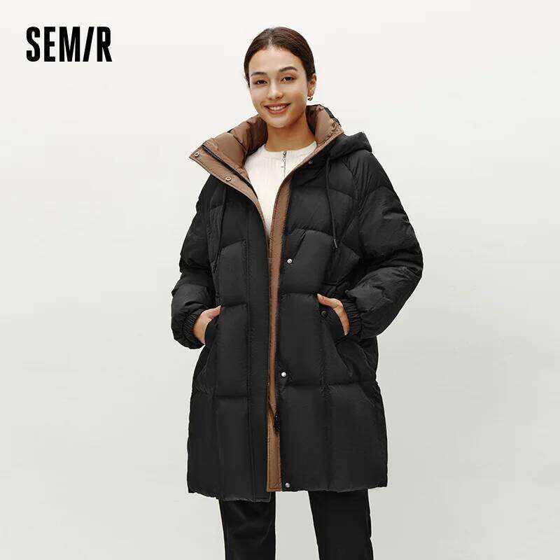 Semir Down Jacket Women Long Length Hooded Black Color Block Winter New Loose Outerwear Fashion Women's Wear