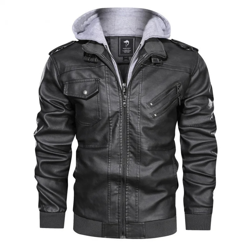 Men Jackets Fake Two Leather Jacket Double Zipper Removable Hooded Biker Coat Male Cardigan Overcoat 251029