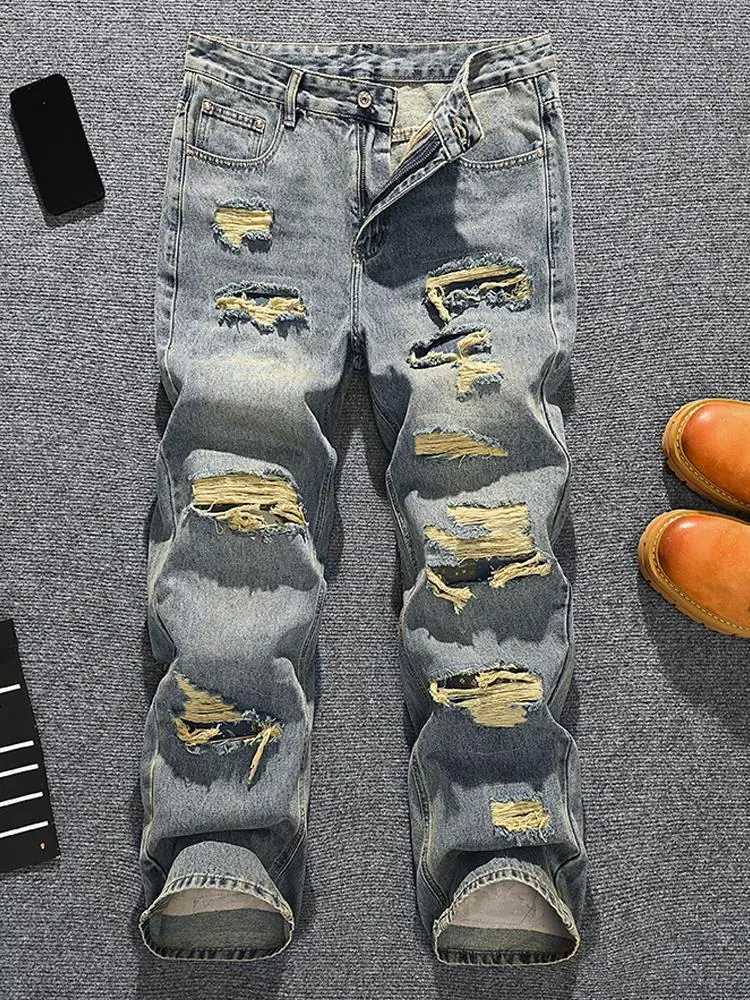 2025 personalized handsome ripped jeans mens street fashion brand loose straight leg wide leg retro distressed denim pants J251030