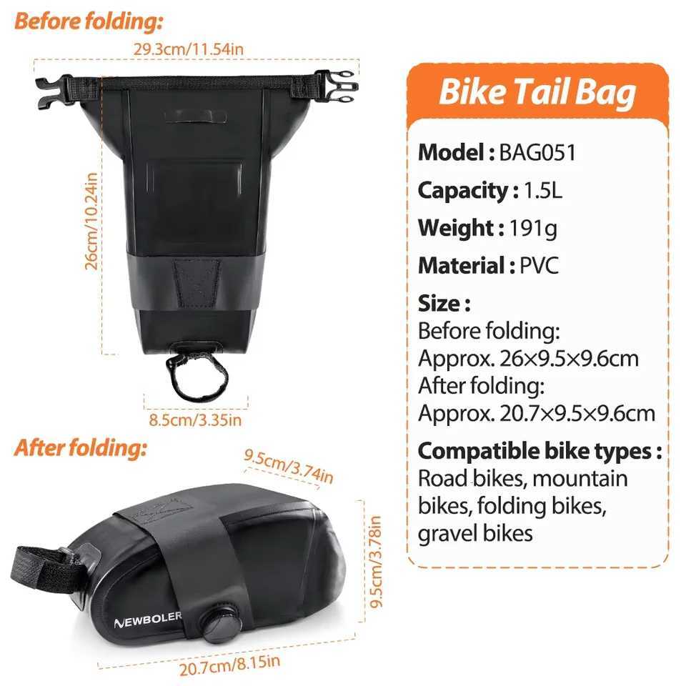 NEWBOLER Bike Saddlebag Waterproof Storage Rear Seat Tail Bag 15L MTB Road Bicycle Roll Closure Pouch Cycling Accessories H251029