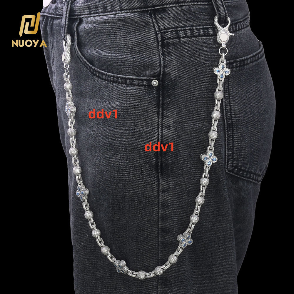 NUOYA Silver Plated Miami Cuban Chain Pants Chain Iced Out Flower Four Leaf Clover Design Diamond Cut moissanite Hip Hop Jewelry Designer's style