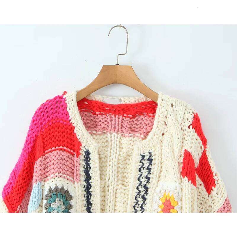 YENKYE Multicolor Handmade Crochet Cardigan Sweater For Women Lantern Sleeve Loose Boho Coat Autumn Winter Outerwear