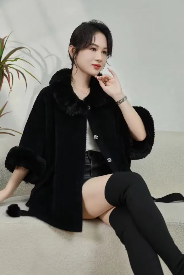 3 Colors Women Fur Cashmere Cardigan Button Loose Coat Winter Warm Woolen Poncho Cape Batwing Sleeves Overcoat With Ball Belt 251029