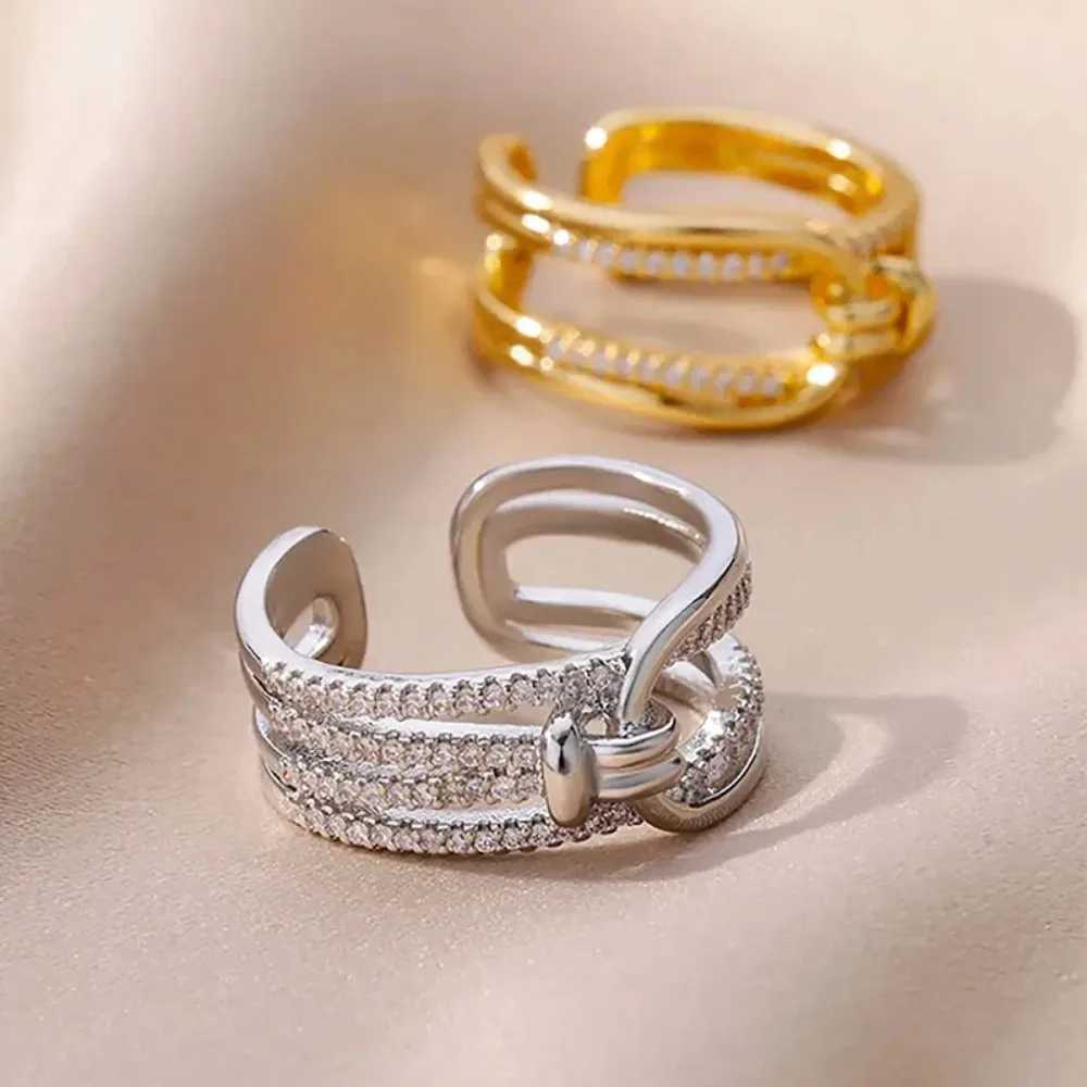 Luxury Double Layers Zircon Rings for Women Gold Plated Opening Stainless Steel Ring 2023 Trend Aesthetic Party Wedding JewelryW251030