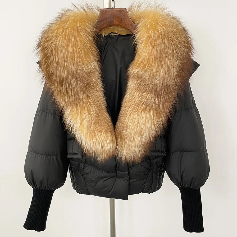 WHOLESALE Winter Coat Women White Duck Down Jacket Raccoon Fox Fur Collar Loose Elegant Casual Office Lady Overwears 251028