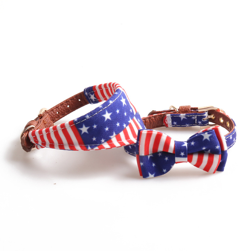 American Flag Pattern Dog Collar Leash Set with Bowtie & Bandana, Multi-Size, Sturdy Buckles, For All Dog Sizes, Fashionable Pet Walking Gear B179