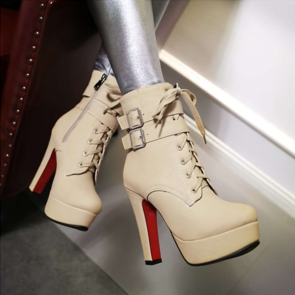 Stylish Women's Winter Double Platform Chunky High Heels Square Toe Lace-Up Holiday Dress Nightclub Solid Color Ankle Booties