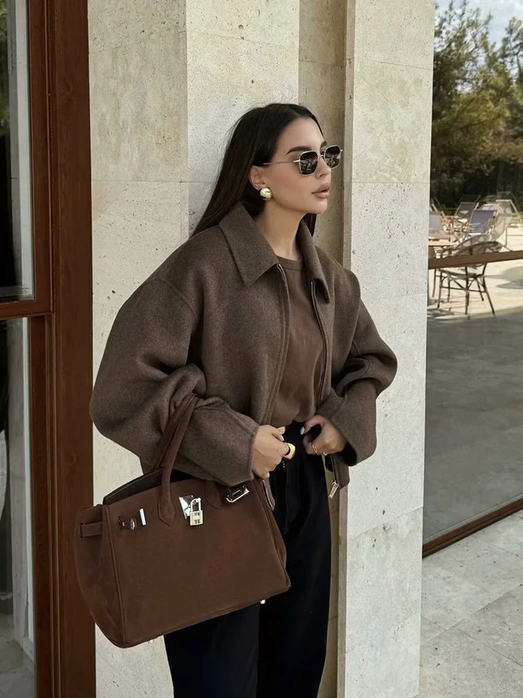 Womens Wide Solid Colour Zip T Jacket Fashion Style Basic Lapel Long Sleeve Coat Tops 251027