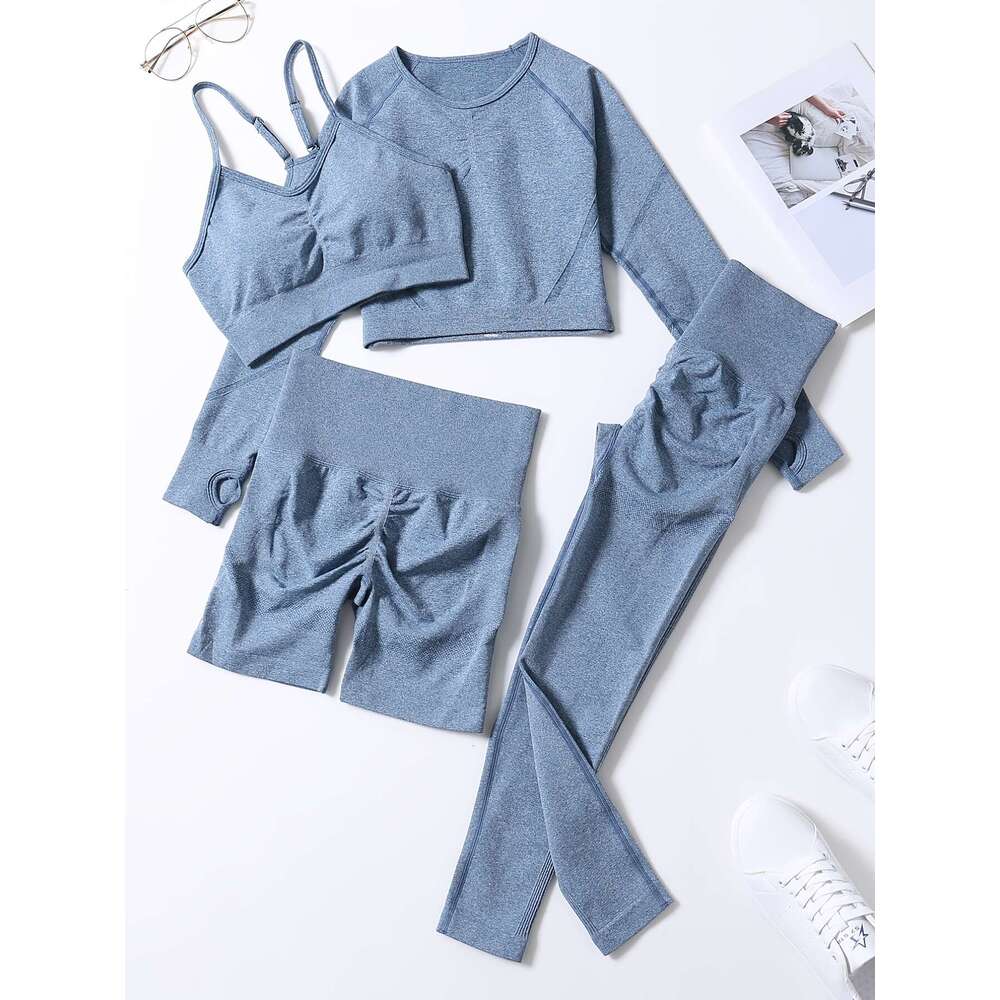 Smiling Face Style Workout Outfits for Women 4pcs Ribbed Seamless Crop Tank High Waist Yoga Leggings Sets