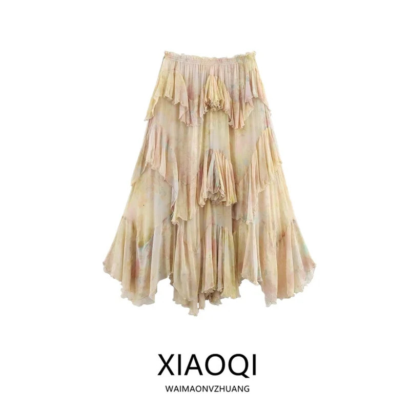 Summer 2025 Long Printed Layered Decorative Skirt Womens Faion High Waist Midi Skirt Floral Patterned Skirts 251028