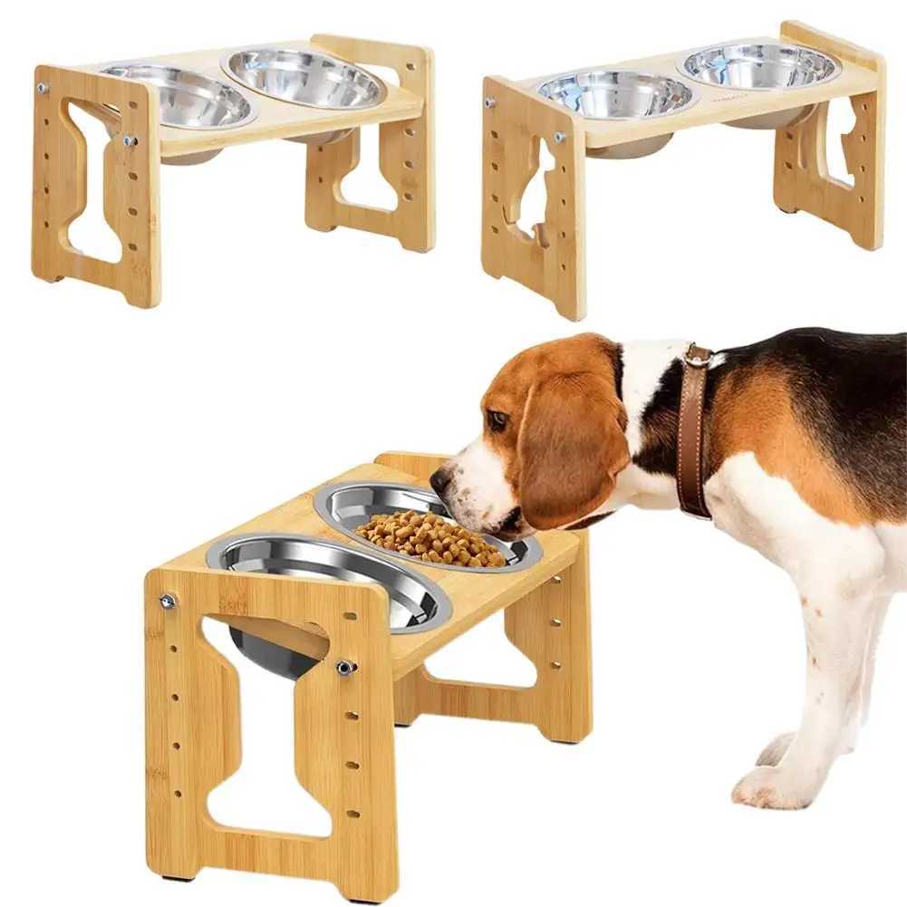Elevated Dog Feeder Bowls Adjustable Raised Stand Wood Bowl Water Pet Cat Accessories Double Stainless Food Dog Steel D0H5 J251113
