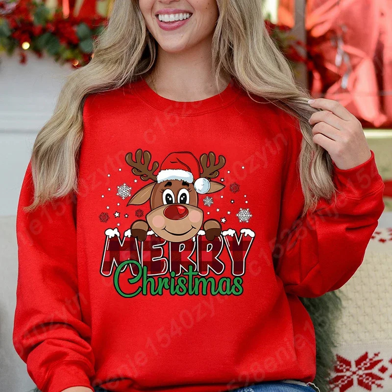 Womens Festive Christmas Reindeer Plaid Graphic Sweatshirt Casual Loose Fit Long Sleeve Crew Neck Sweatshirts for Winter 251030