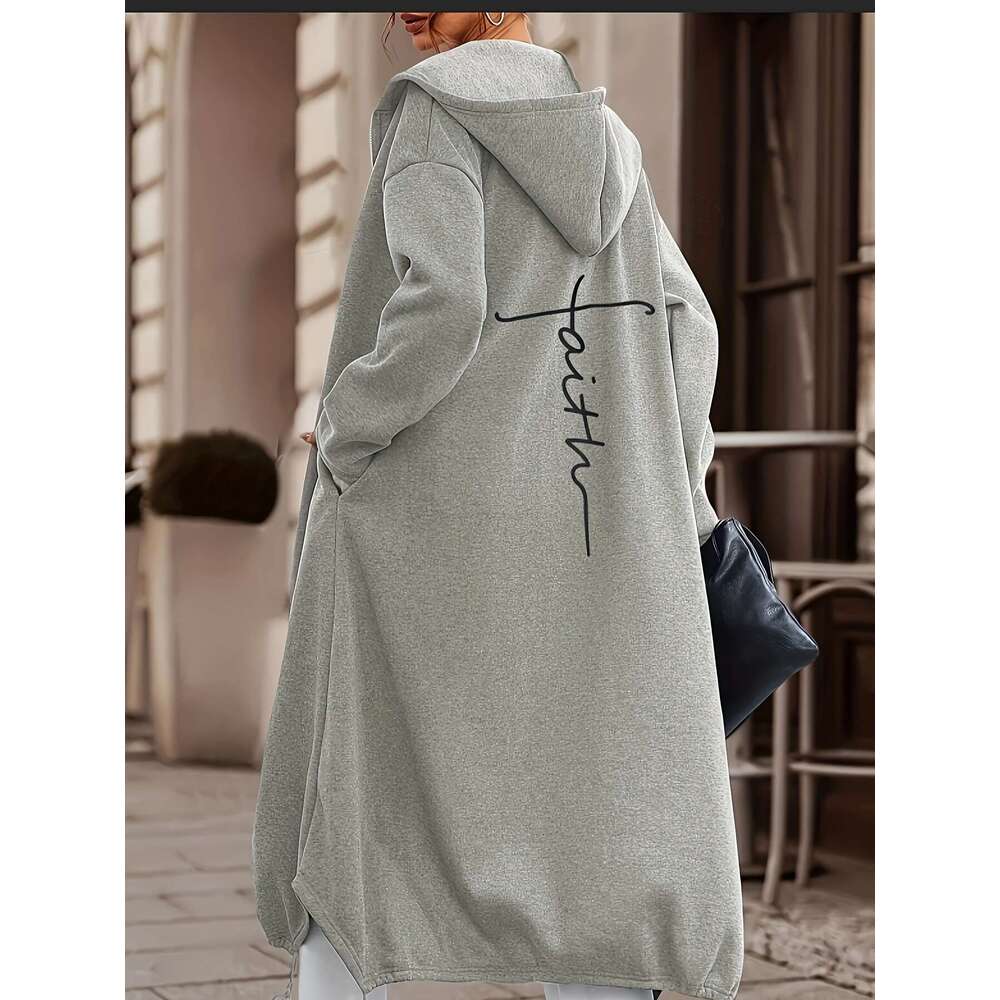 Women S Light Grey Oversized Full Zip Hooded Coat With Cursive Letter Back Print Mid Length Jacket Hine Washable Casual Outerwear Fall Layering
