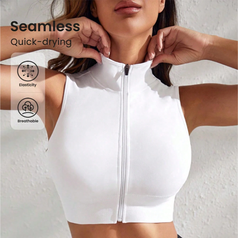 Cycling Fitness Wear Running Tops Tank Tops Sports Outdoor Quick Dry Base Layer Yoga Wear Stylish Stand Collar Front Zipper Design Wide Hem