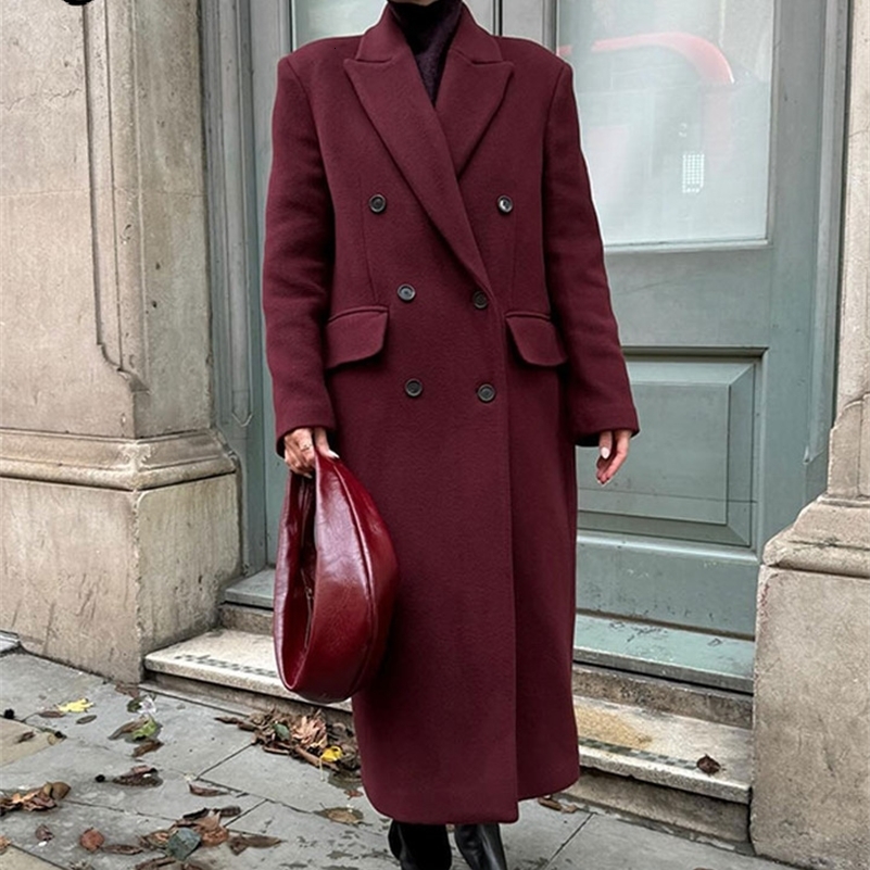 Wine Red Woolen Coats With Scarf Women Elegant Full Sleeve Double Breasted Long Overcoat 2025 Autumn Winter Lady Streetwear 251029