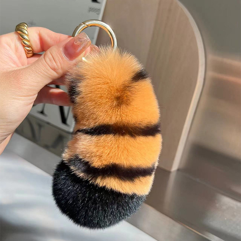 Lovely Tiger Tail Rex Rabbit Fur Car Keychain Plush Decoration for Women's School Bags